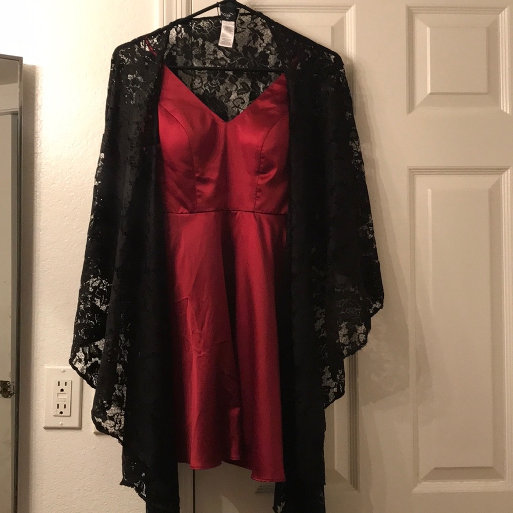 Red silk dress knee length spaghetti straps